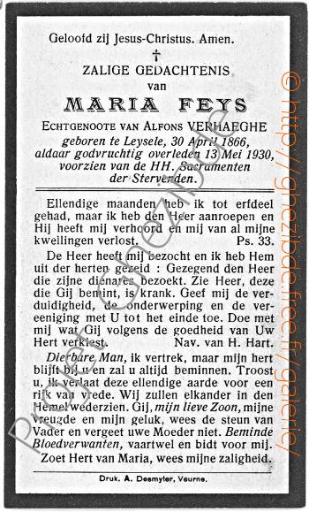 Marie Feys echtgenoote vans Alphons Verhaeghe, overleden te Leysele, den 13 Mei 1930.